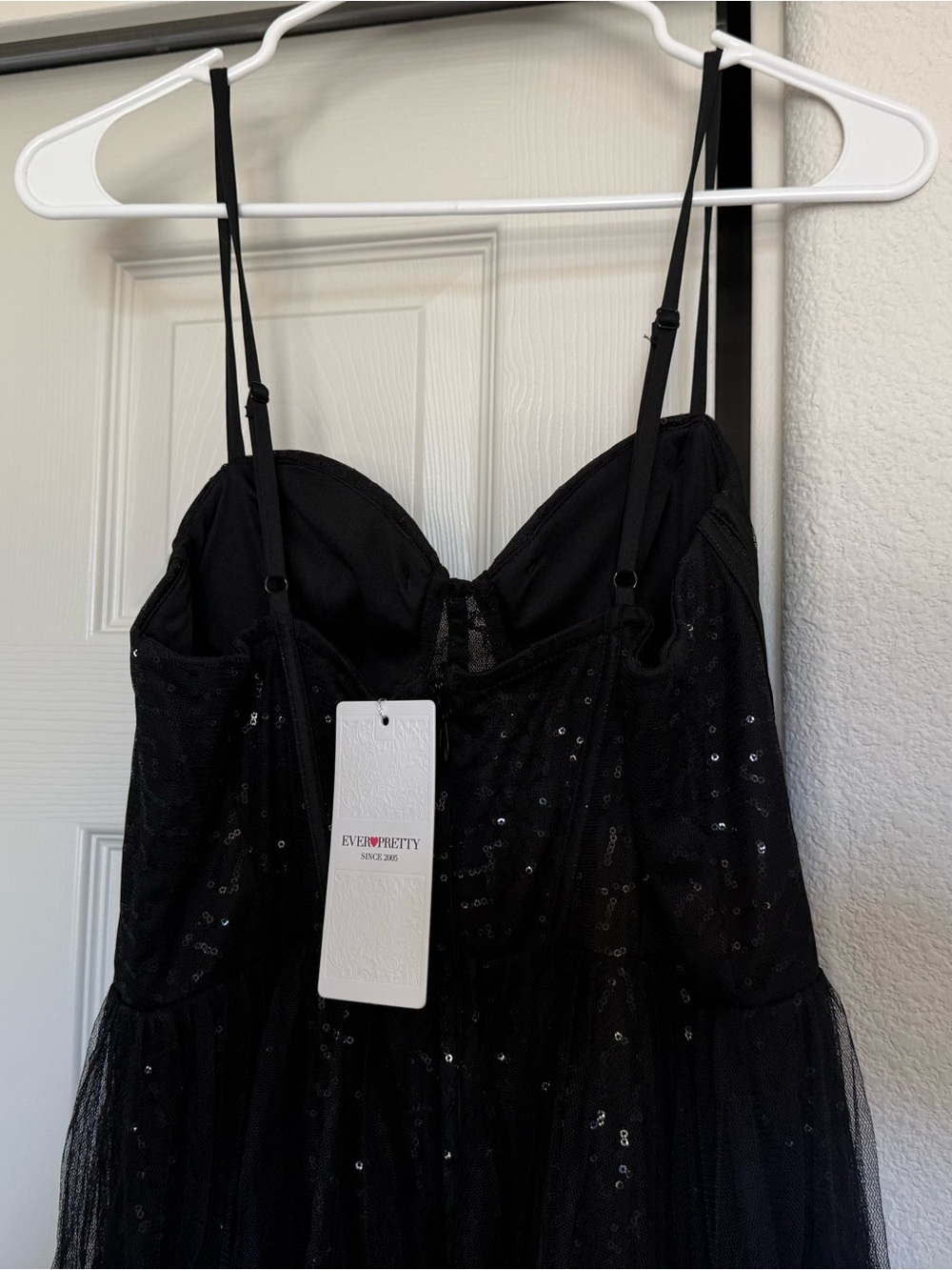 Ever Pretty Black Strapless option Sequin Tulle Gown with Spaghetti Straps